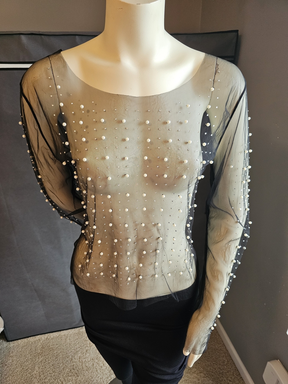 Sheer Black Pearl-Embellished Long Sleeve Top